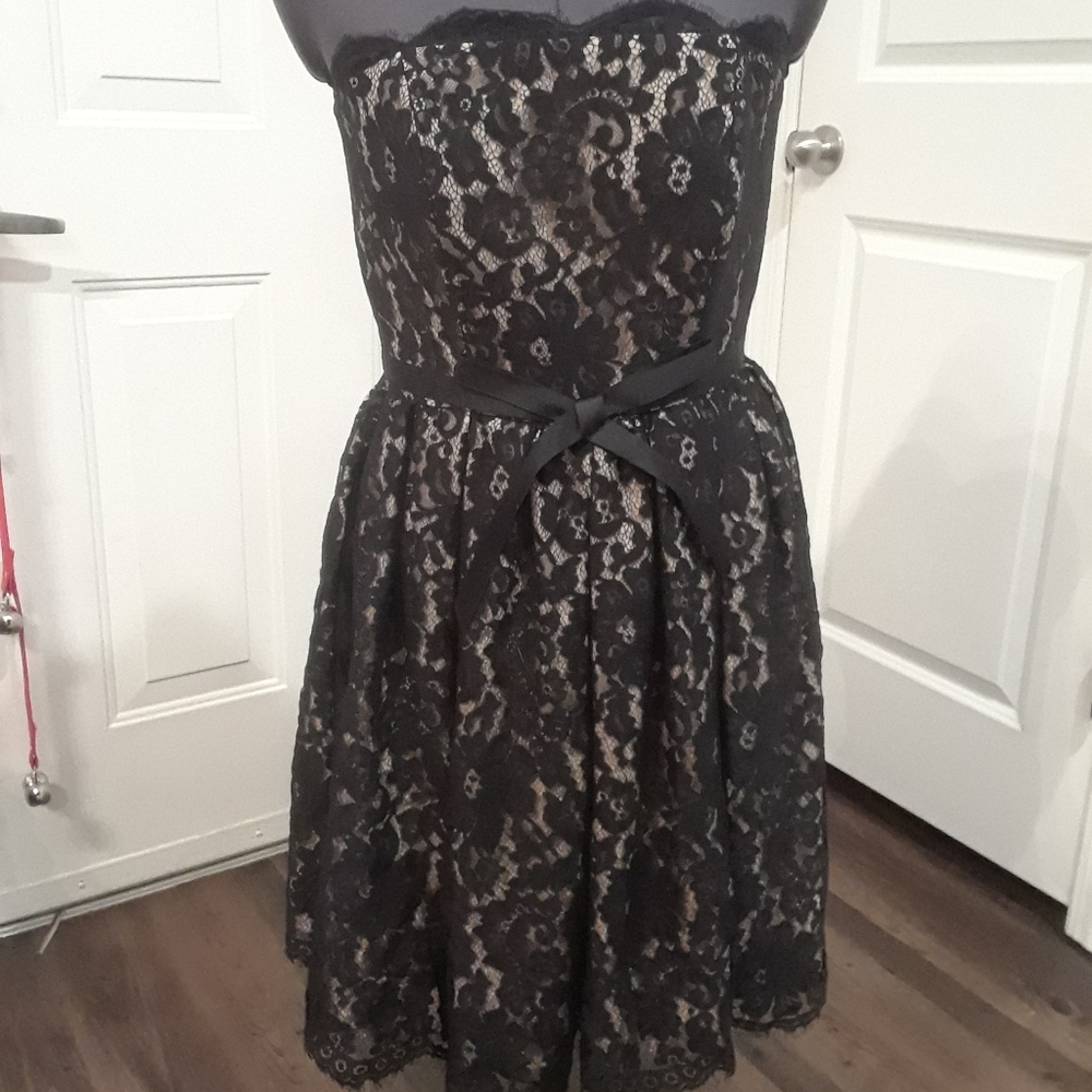 Black & Tan Lace Strapless Dress With Bow